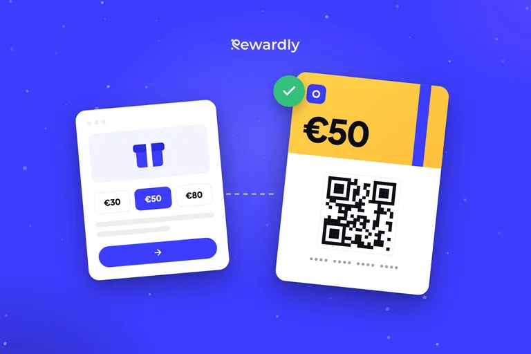 An online voucher shop with preset amounts next to a €50 gift voucher with a QR code