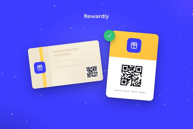 Papierový darčekový poukaz v krémovej farbe so žltou stuhou a QR kódom vedľa digitálneho poukazu so žltou hlavičkou, ikonou darčeka a QR kódom na modrom pozadí so snehovými vločkami.